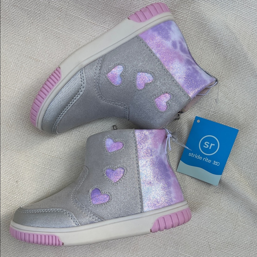 Stride Rite Girls 10 NWT Silver High-Top Sneakers Pink Accents & Heart Cutouts - Picture 11 of 13